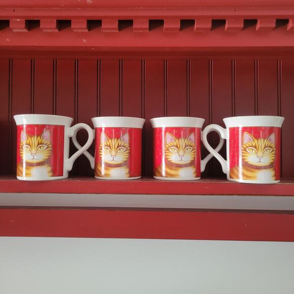 Vintage 1987 Hallmark Cat Mugs – Set of 4, Red with Orange Tabby, Made in Japan - Picture 2 of 7